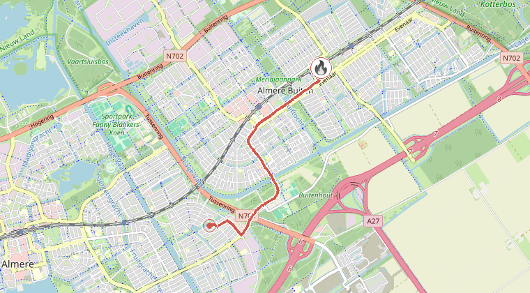 Kaart van de omgeving van de melding, met de kazerne die is gealarmeerd