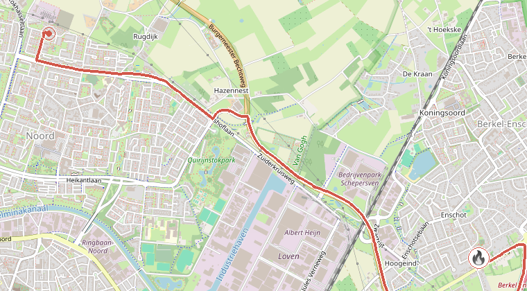 Kaart van de omgeving van de melding, met de kazerne die is gealarmeerd