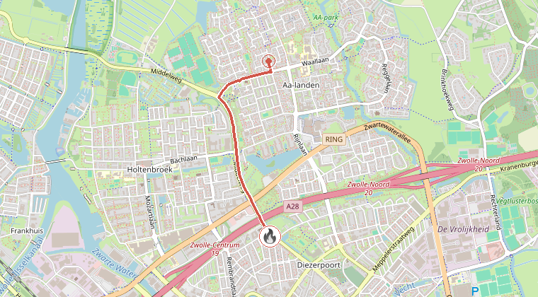 Kaart van de omgeving van de melding, met de kazerne die is gealarmeerd