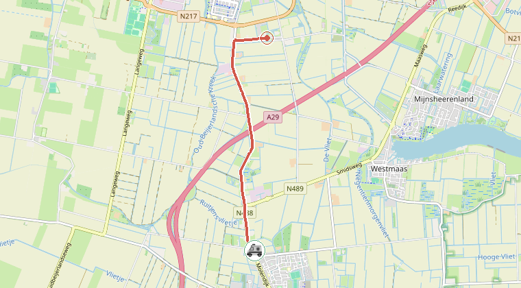 Kaart van de omgeving van de melding, met de kazerne die is gealarmeerd