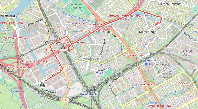 Kaart van de omgeving van de melding, met de kazerne die is gealarmeerd