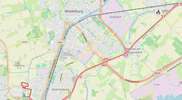 Kaart van de omgeving van de melding, met de kazerne die is gealarmeerd