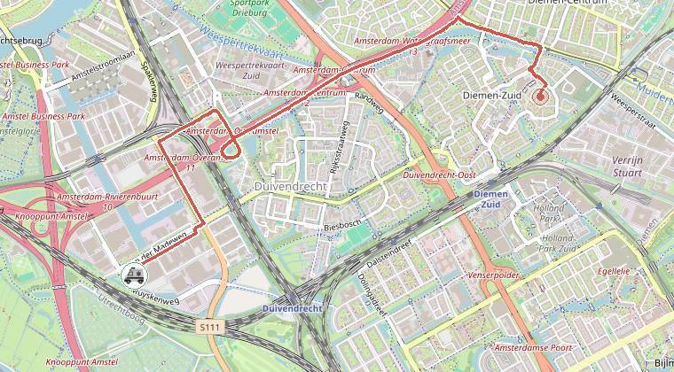 Kaart van de omgeving van de melding, met de kazerne die is gealarmeerd
