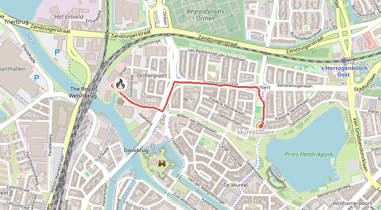 Kaart van de omgeving van de melding, met de kazerne die is gealarmeerd