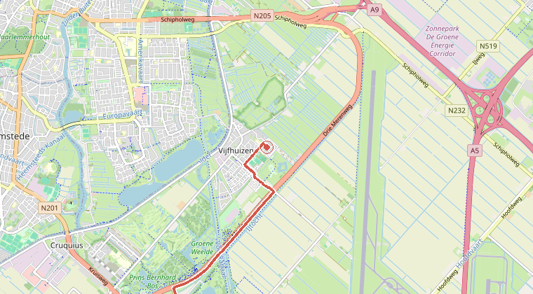 Kaart van de omgeving van de melding, met de kazerne die is gealarmeerd