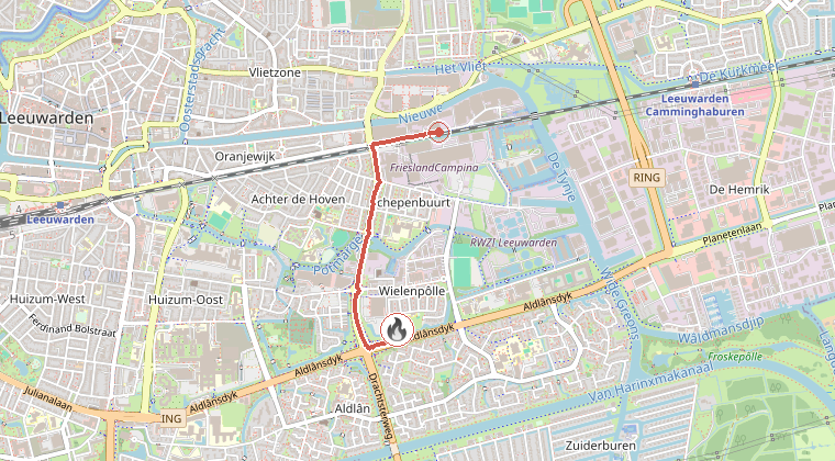 Kaart van de omgeving van de melding, met de kazerne die is gealarmeerd