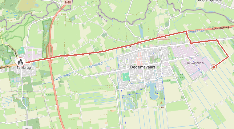 Kaart van de omgeving van de melding, met de kazerne die is gealarmeerd
