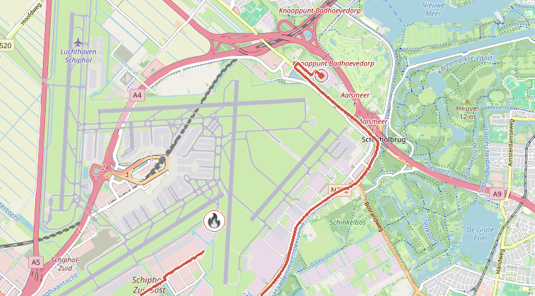 Kaart van de omgeving van de melding, met de kazerne die is gealarmeerd