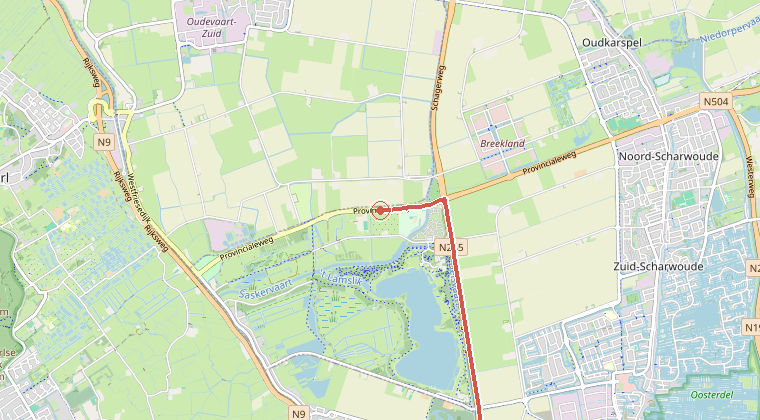 Kaart van de omgeving van de melding, met de kazerne die is gealarmeerd