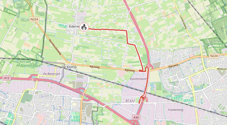 Kaart van de omgeving van de melding, met de kazerne die is gealarmeerd