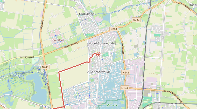 Kaart van de omgeving van de melding, met de kazerne die is gealarmeerd