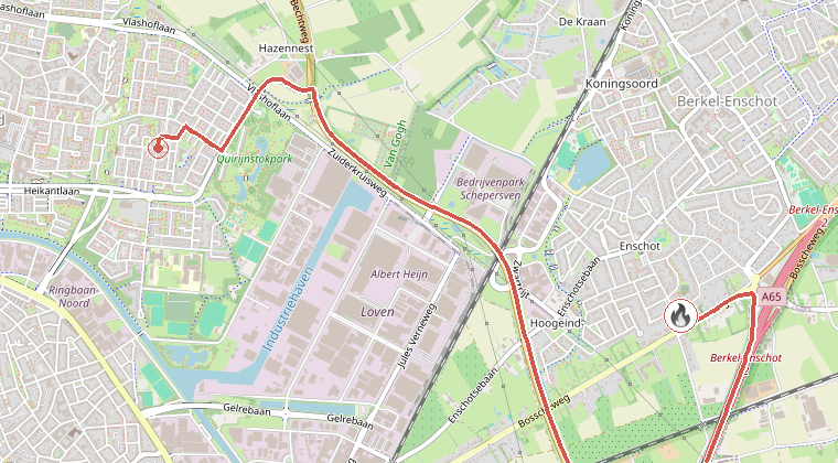 Kaart van de omgeving van de melding, met de kazerne die is gealarmeerd