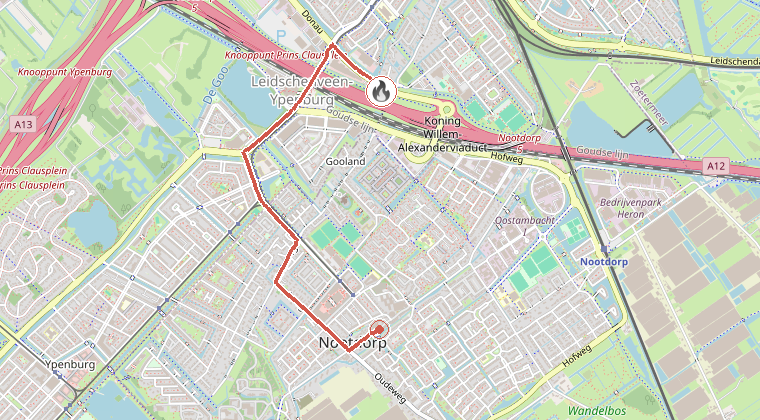 Kaart van de omgeving van de melding, met de kazerne die is gealarmeerd
