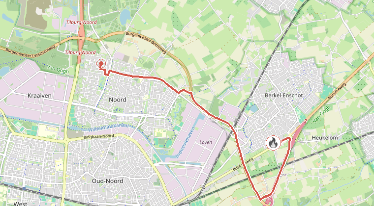 Kaart van de omgeving van de melding, met de kazerne die is gealarmeerd