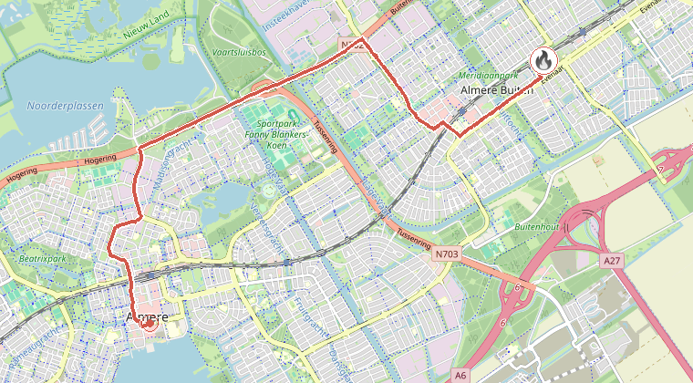 Kaart van de omgeving van de melding, met de kazerne die is gealarmeerd