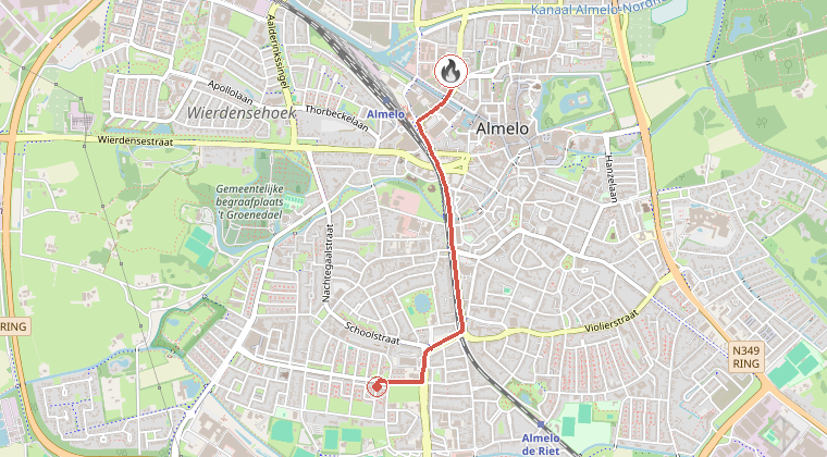 Kaart van de omgeving van de melding, met de kazerne die is gealarmeerd
