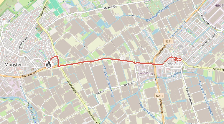 Kaart van de omgeving van de melding, met de kazerne die is gealarmeerd