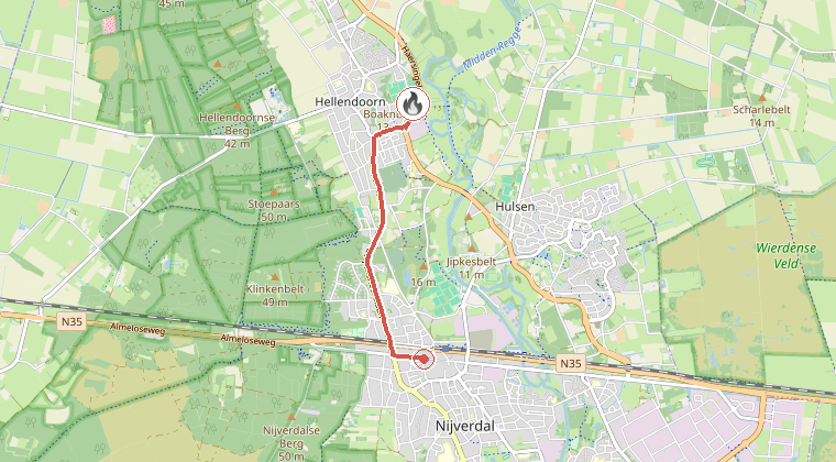 Kaart van de omgeving van de melding, met de kazerne die is gealarmeerd