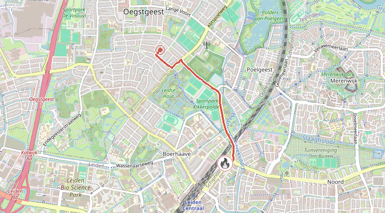 Kaart van de omgeving van de melding, met de kazerne die is gealarmeerd