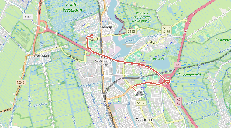 Kaart van de omgeving van de melding, met de kazerne die is gealarmeerd