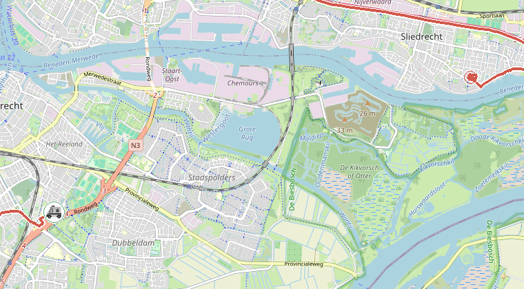 Kaart van de omgeving van de melding, met de kazerne die is gealarmeerd