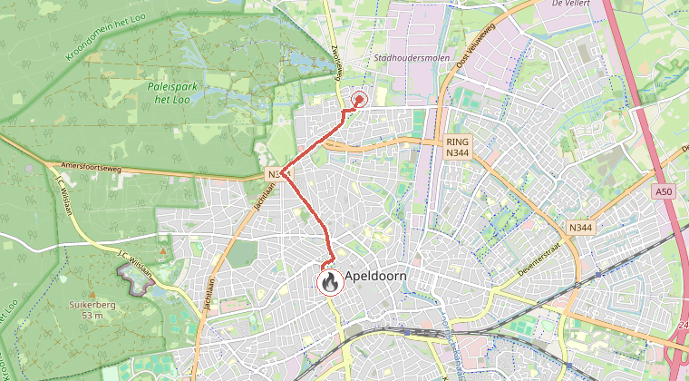 Kaart van de omgeving van de melding, met de kazerne die is gealarmeerd
