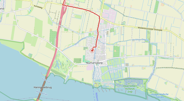 Kaart van de omgeving van de melding, met de kazerne die is gealarmeerd