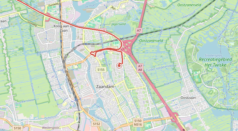 Kaart van de omgeving van de melding, met de kazerne die is gealarmeerd