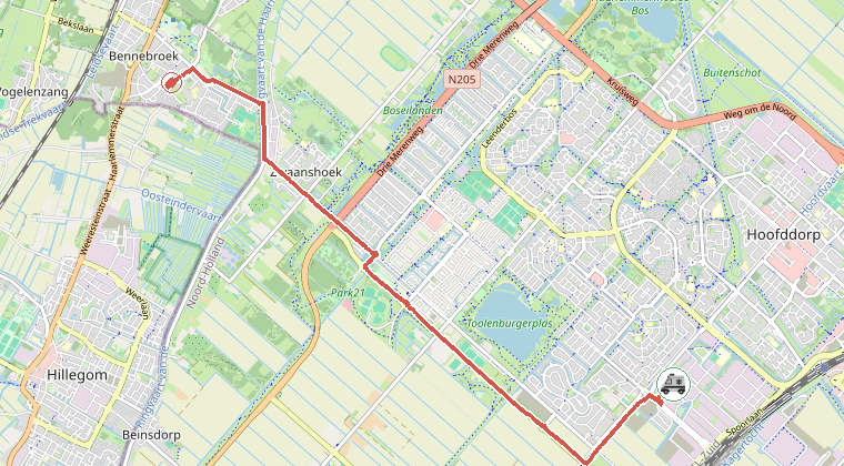 Kaart van de omgeving van de melding, met de kazerne die is gealarmeerd