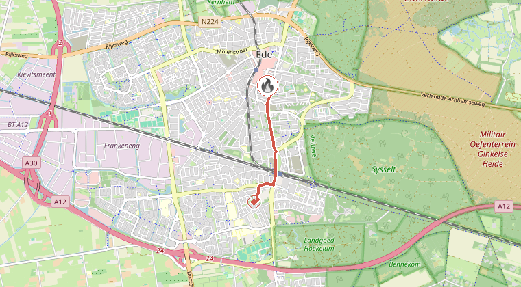 Kaart van de omgeving van de melding, met de kazerne die is gealarmeerd
