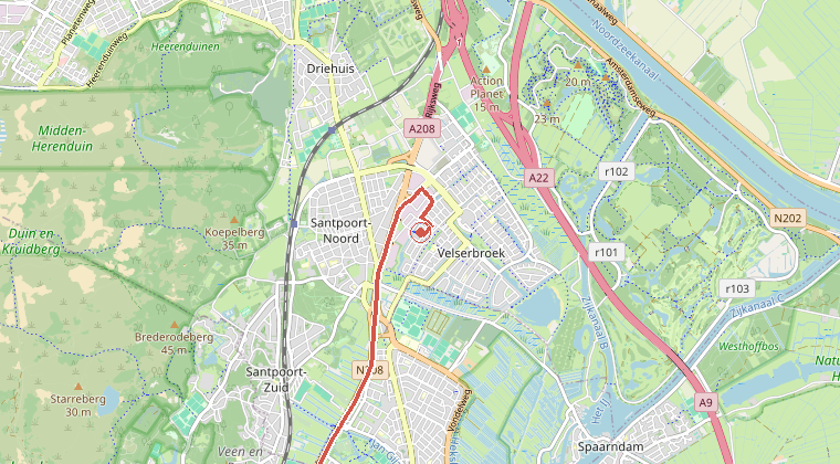 Kaart van de omgeving van de melding, met de kazerne die is gealarmeerd