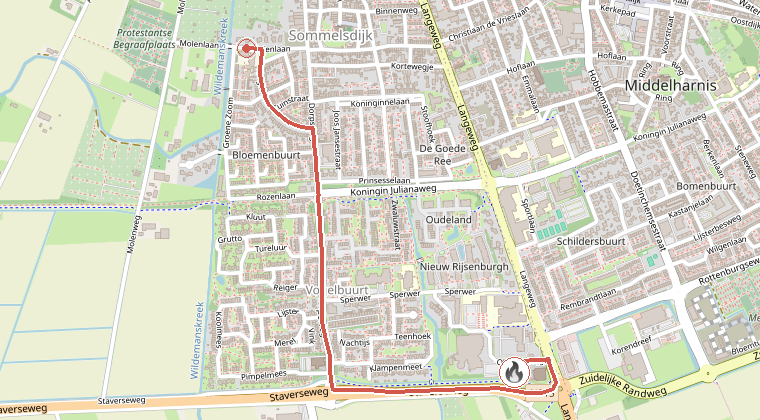 Kaart van de omgeving van de melding, met de kazerne die is gealarmeerd