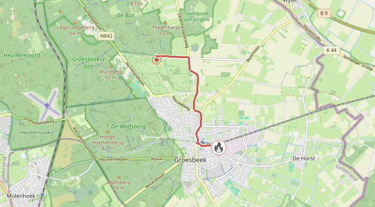 Kaart van de omgeving van de melding, met de kazerne die is gealarmeerd