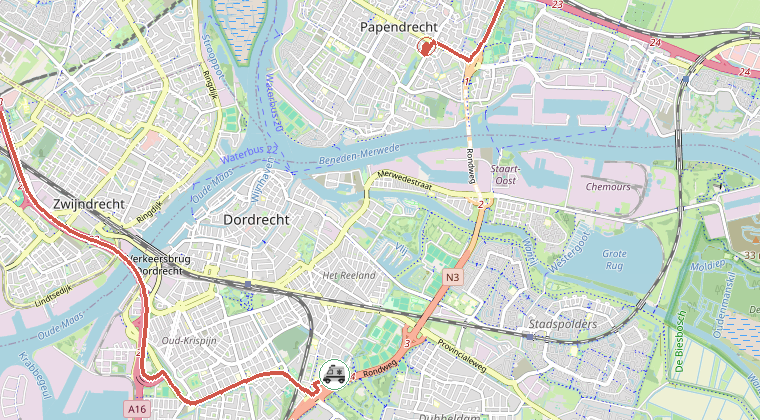 Kaart van de omgeving van de melding, met de kazerne die is gealarmeerd