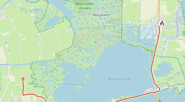 Kaart van de omgeving van de melding, met de kazerne die is gealarmeerd