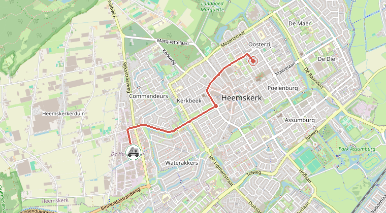 Kaart van de omgeving van de melding, met de kazerne die is gealarmeerd