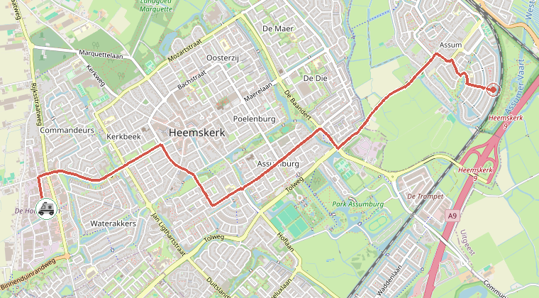 Kaart van de omgeving van de melding, met de kazerne die is gealarmeerd