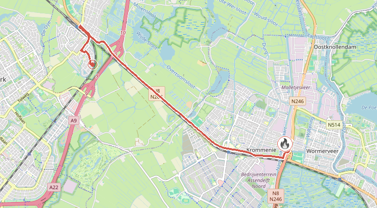 Kaart van de omgeving van de melding, met de kazerne die is gealarmeerd