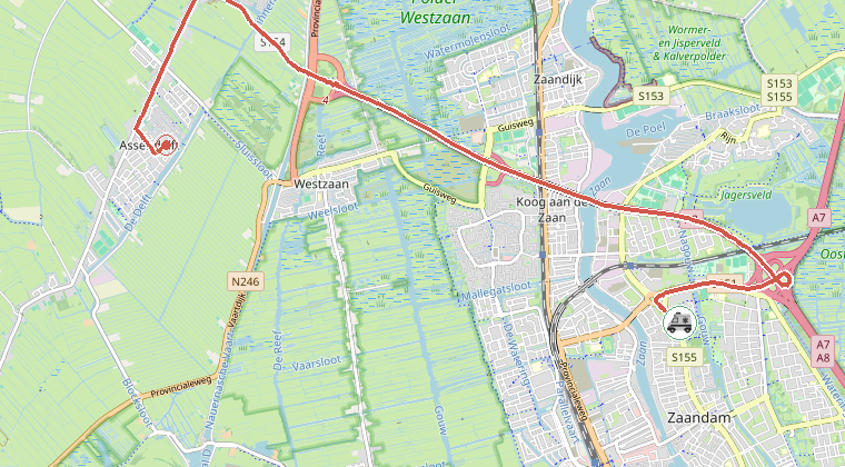 Kaart van de omgeving van de melding, met de kazerne die is gealarmeerd