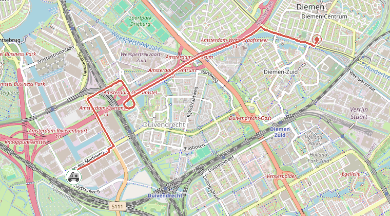 Kaart van de omgeving van de melding, met de kazerne die is gealarmeerd