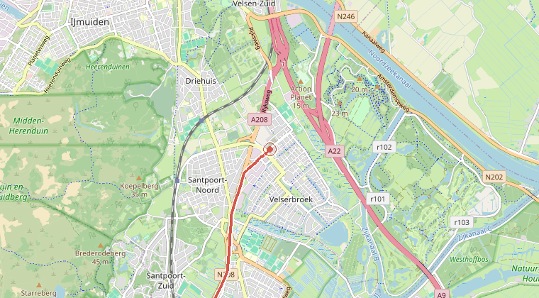 Kaart van de omgeving van de melding, met de kazerne die is gealarmeerd