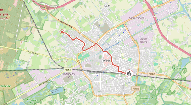 Kaart van de omgeving van de melding, met de kazerne die is gealarmeerd