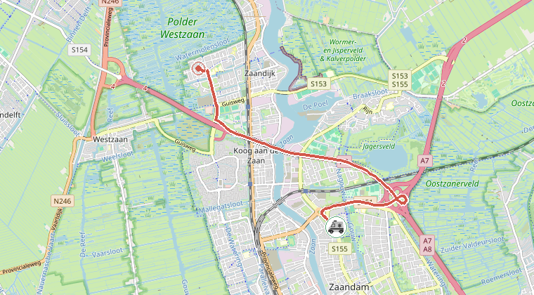 Kaart van de omgeving van de melding, met de kazerne die is gealarmeerd