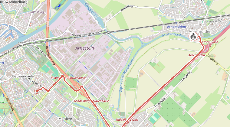 Kaart van de omgeving van de melding, met de kazerne die is gealarmeerd