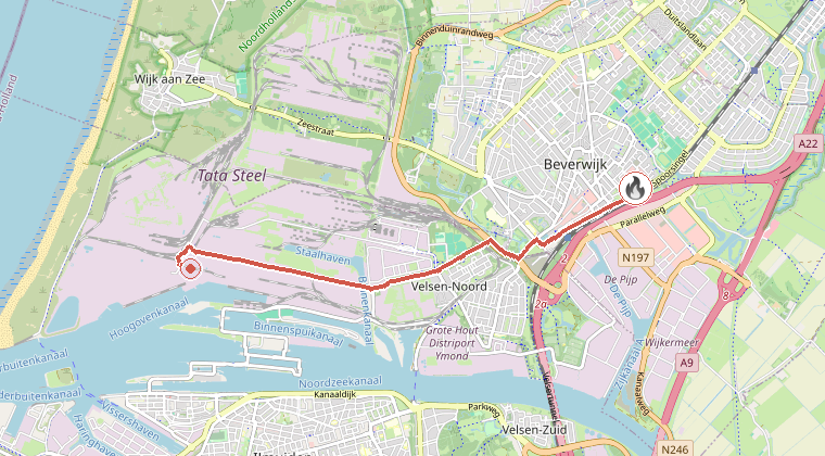 Kaart van de omgeving van de melding, met de kazerne die is gealarmeerd