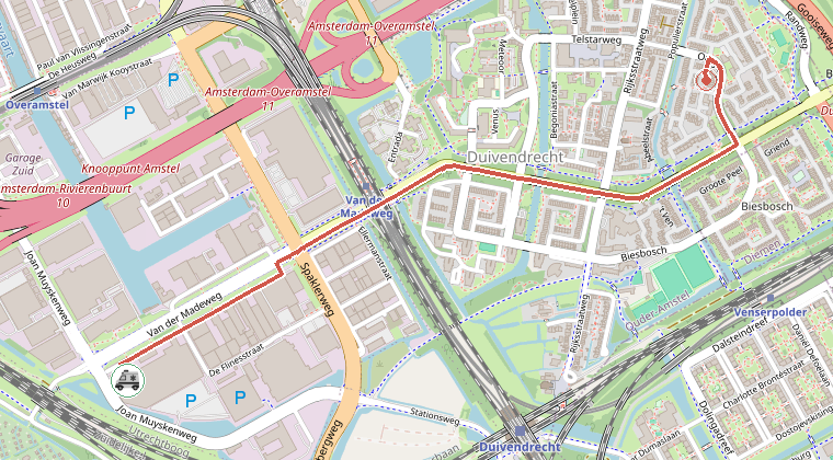 Kaart van de omgeving van de melding, met de kazerne die is gealarmeerd
