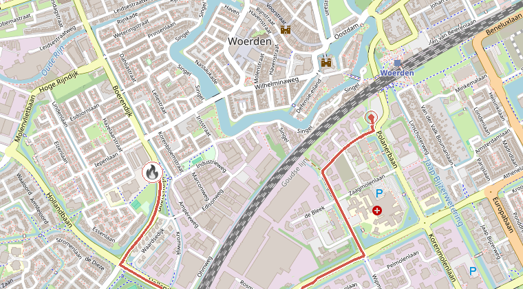 Kaart van de omgeving van de melding, met de kazerne die is gealarmeerd