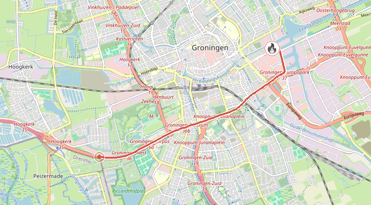 Kaart van de omgeving van de melding, met de kazerne die is gealarmeerd