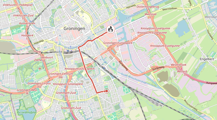 Kaart van de omgeving van de melding, met de kazerne die is gealarmeerd