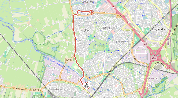 Kaart van de omgeving van de melding, met de kazerne die is gealarmeerd
